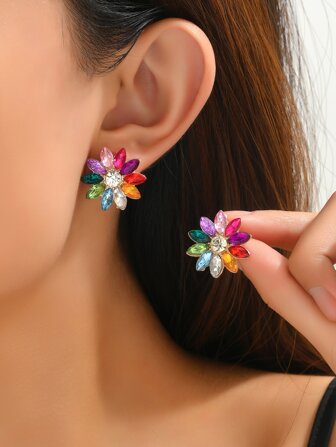 1pair Colorful Rhinestone Flower Shaped Earrings - Perfect For Summer Parties, Weddings, Holidays, Casual Occasions, Back To School, New Year, Gifts For Friends And Family On Festivals Valentines,Mom,Mother,Mother's Day,Gift