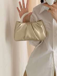 菱形公主仿珍珠和水钻珍珠链和装饰仿珍珠缀饰云形折叠单肩包，适合派对、婚礼、舞会和晚宴、口红、女士珍珠包、时尚商务休闲女士包，非常适合办公室、商务和工作 - 金色 - 查看 2