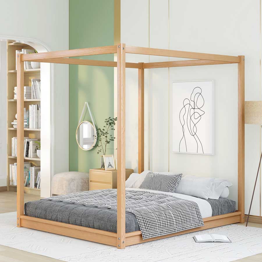 MERAX Queen Size Canopy Platform Bed With Support Legs - 薑色 - 查看 1