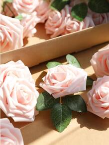 5/10/15/20/25/30 枝逼真假玫瑰带茎，适用于 DIY 婚礼花束中心装饰布置派对婴儿洗礼家居装饰 OPP 袋包装（不含盒子）含三片叶子，情人节，礼物 - 淺粉色 - 查看 4