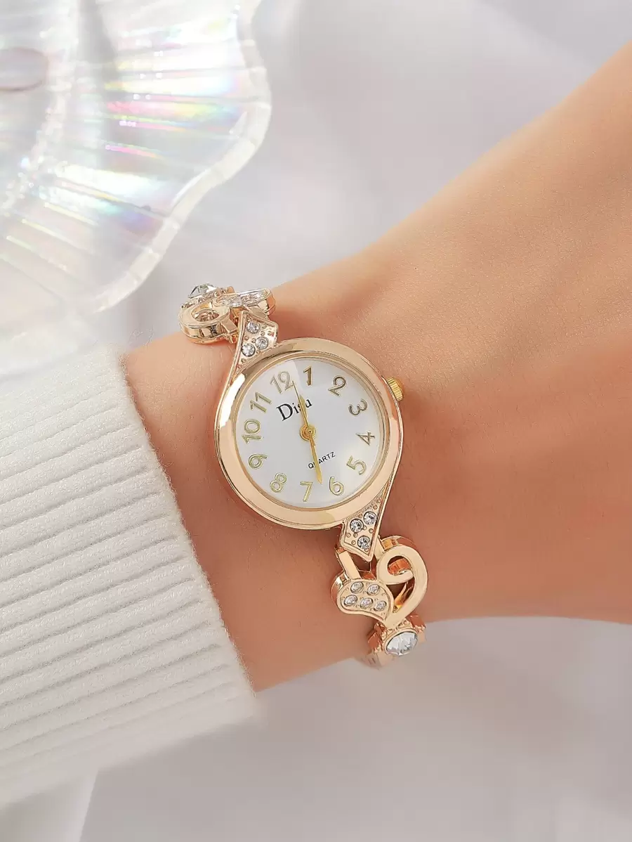 DISU 1pc Women Gold Zinc Alloy Strap Fashionable Rhinestone Decor Round Dial Quartz Watch, For Daily Decoration As A Gift For Students Returning To School