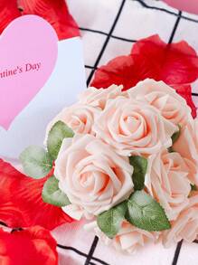 5/10/15/20/25/30 枝逼真假玫瑰带茎，适用于 DIY 婚礼花束中心装饰布置派对婴儿洗礼家居装饰 OPP 袋包装（不含盒子）含三片叶子，情人节，礼物 - 淺粉色 - 查看 5