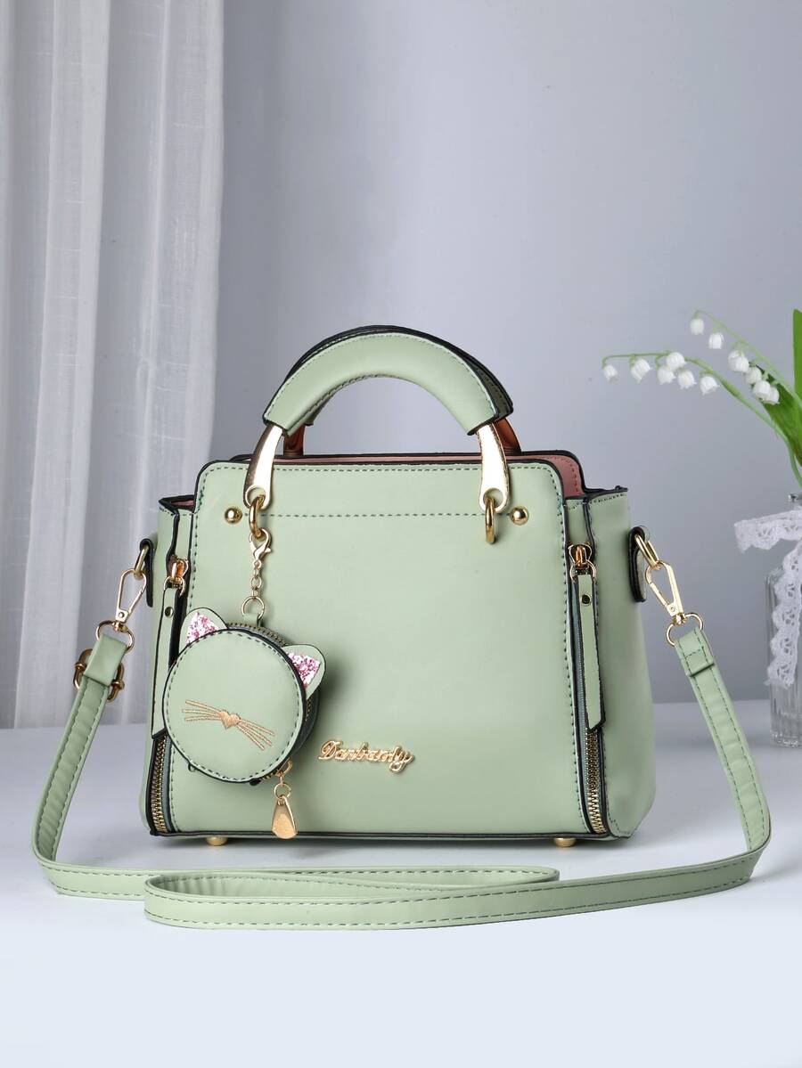 時尚PU皮革方包帶字母貼花和吊墜 - 綠色 - 查看 1