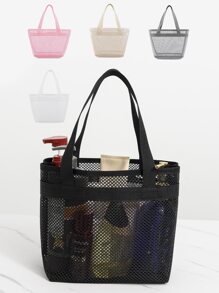 鏤空滌綸網紗沙灘包大容量旅行洗滌包游泳收納袋極簡大容量沙灘包 - 黑色 - 查看 1