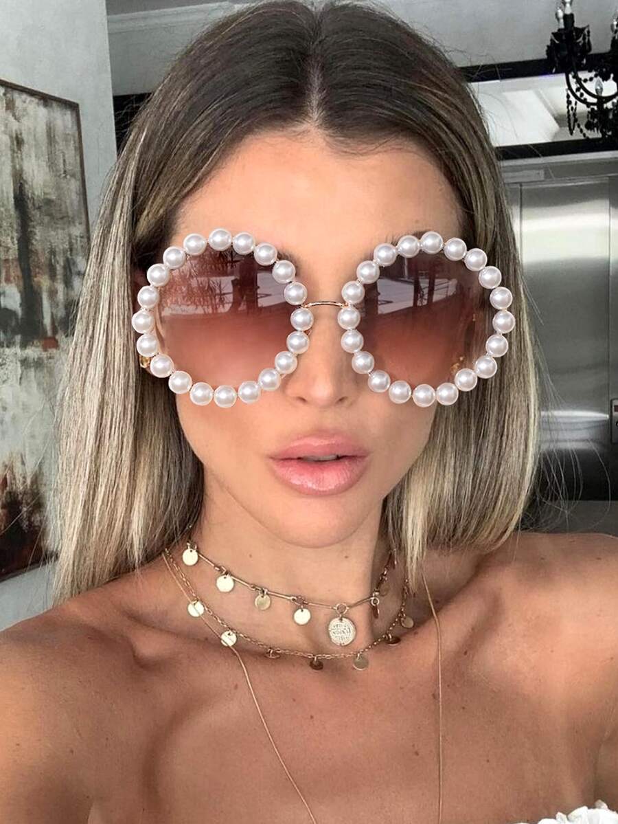 1pc Large Frame Round Frame Brown Piece Pearls Are Fashionable Glasses Metal Stainless Steel Frames Elegant Shades Beach Accessories - Brown - View 1