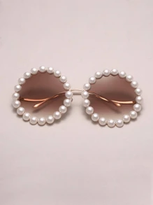 1pc Large Frame Round Frame Brown Piece Pearls Are Fashionable Glasses Metal Stainless Steel Frames Elegant Shades Beach Accessories - Brown - View 3