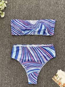 條紋印花抹胸比基尼泳裝 - 藍色 - 查看 4
