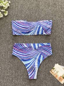 條紋印花抹胸比基尼泳裝 - 藍色 - 查看 5