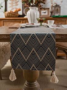 1pc Square Tassel Decorated Long Tablecloth/Table Runner - Blue - View 1