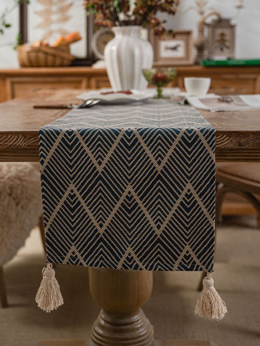 1pc Square Tassel Decorated Long Tablecloth/Table Runner - Blue - View 1