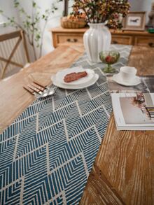 1pc Square Tassel Decorated Long Tablecloth/Table Runner - Blue - View 2