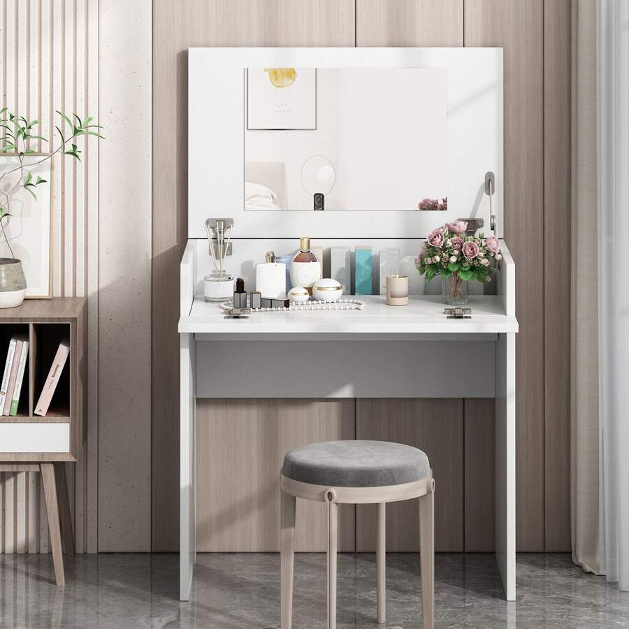 White Vanity Sets, Makeup Vanity Table with Flip up Mirror Bedroom Dresser Table Jewelry Storage - 白色 - 查看 1