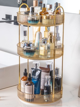 360°旋轉化妝品收納盒,浴室化妝品旋轉轉盤架,大容量化妝品收納盒梳妝架臺面置物架,適用於化妝品、香水、護膚品、化妝刷、口紅等(3層)