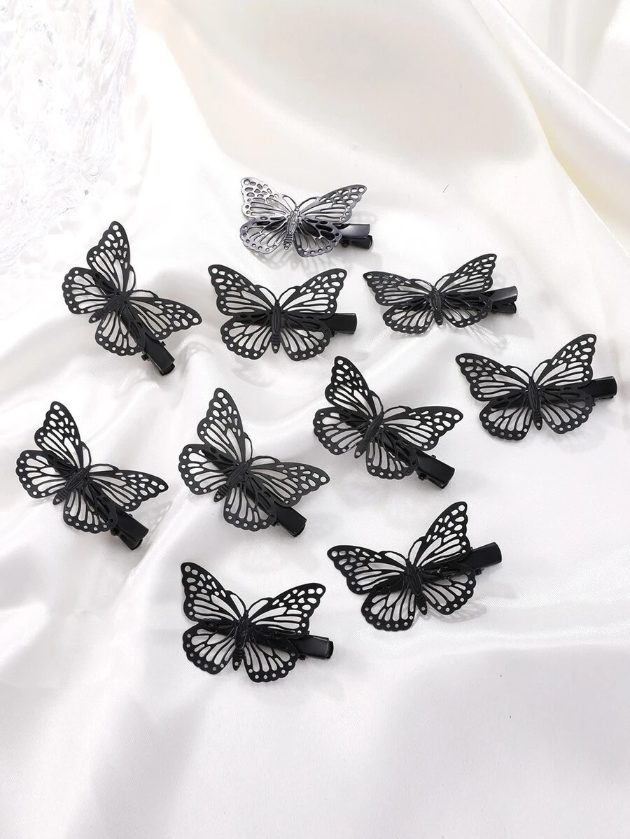 10pcs Punk Style Black Butterfly Hair Clips - Black - View 1