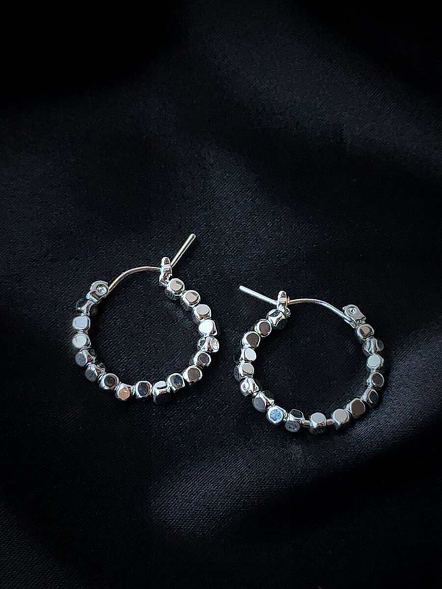 1 par Pendientes largos cuenta redonda - Plateado - Ver 1