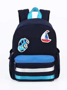 sheemeet 1pc Foldable & Practical Backpack With Large Capacity, Side Pockets, Adjustable Straps, Zipper Closure And Detachable Sailboat/Car Pattern Magic Sticker, Suitable For Boys And Girls(3-12y) In Kindergarten/Primary School - Royal Blue - View 1