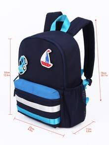 sheemeet 1pc Foldable & Practical Backpack With Large Capacity, Side Pockets, Adjustable Straps, Zipper Closure And Detachable Sailboat/Car Pattern Magic Sticker, Suitable For Boys And Girls(3-12y) In Kindergarten/Primary School - Royal Blue - View 2