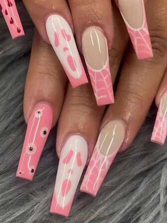 Nothing Spooky To See Here! 24Pcs Charismatic French Style Long Ballet Shape Fashion False Nails Set + 1Pc Jelly Glue + 1Pc Nail File Press On Nails Nail Supplies Nails