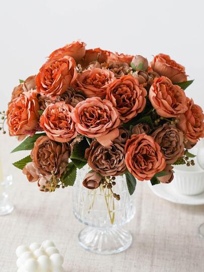 1 件人造玫瑰花束仿花束假牡丹花丝绸玫瑰插花适用于家居装饰、假植物、秋季装饰、房间、书桌、花园装饰、房间装饰桌面摆件、情人节、礼物