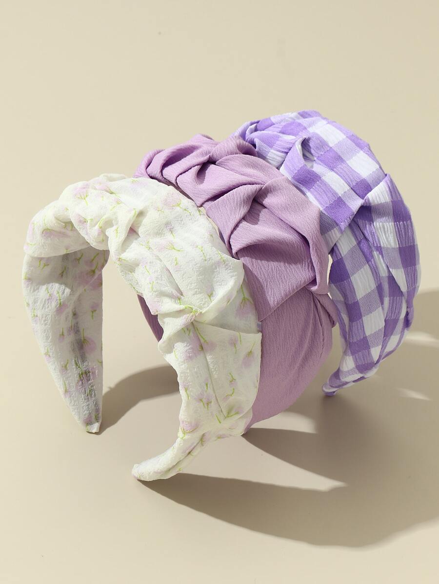 3 件女士简约格子和紫色郁金香印花头带，适合休闲、返校、学院风格、度假、发带、发箍、发饰