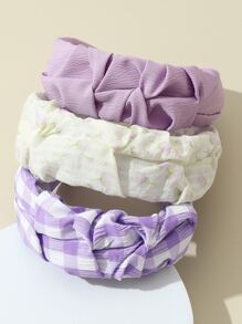 3 件女士简约格子和紫色郁金香印花头带，适合休闲、返校、学院风格、度假、发带、发箍、发饰