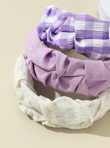 3 件女士简约格子和紫色郁金香印花头带，适合休闲、返校、学院风格、度假、发带、发箍、发饰