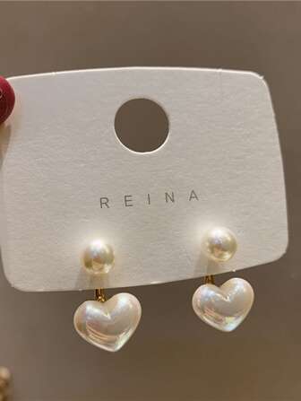 2入組合金小心形假珍珠耳針，適用於日常佩戴和節日禮品