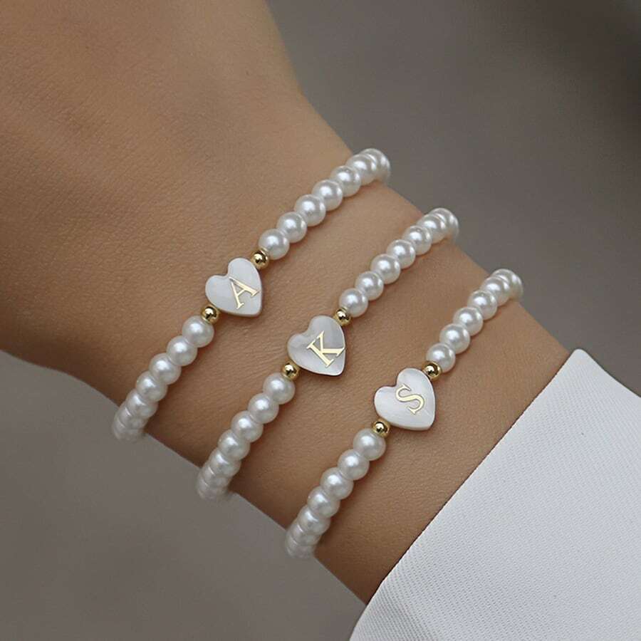 New Classic Heart Shape A-Z Letter Bracelet, Women's Bracelet, Women's Jewelry Gift, Valentine's Day Gift - White - View 1