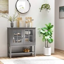 HOMCOM Coffee Bar Cabinet, Modern Sideboard Buffet Cabinet, Kitchen Cabinet with 2 Glass Doors, Adjustable Inner Shelving and Bottom Shelf, Grey - Màu xám đen - Xem 2