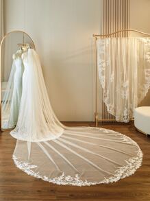 1 pieza Vestido de novia marfil simple con cola larga y velo nupcial, ropa de otoño para mujeres - Beis - Ver 3