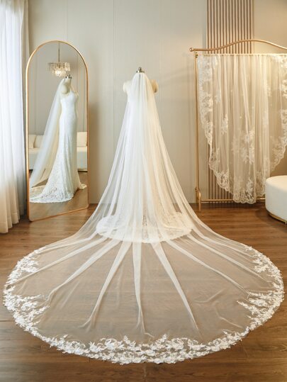1pc Simple Ivory Wedding Dress With Long Train & Bridal Veil Fall Clothes For Women