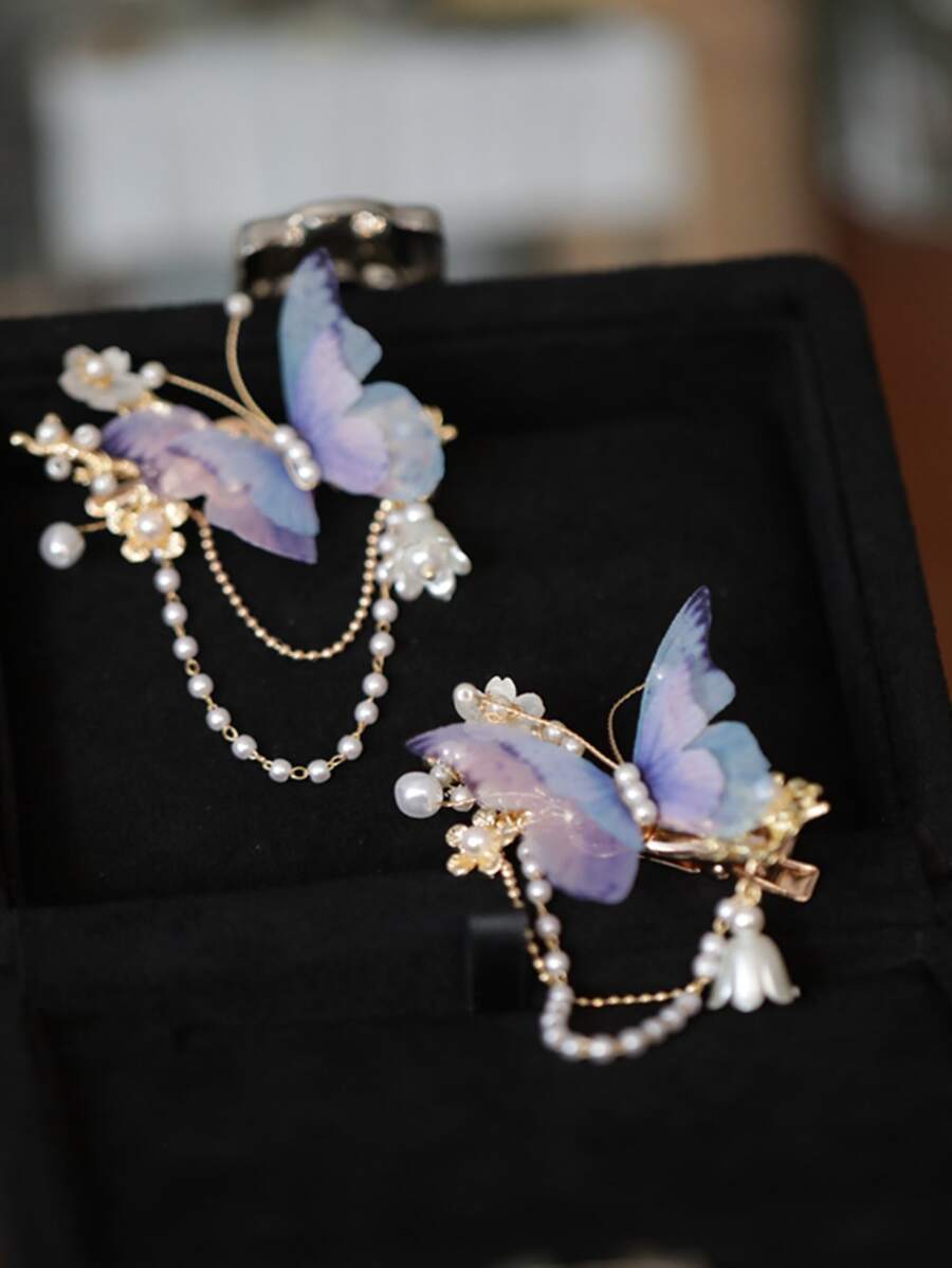 2件套女士手工蝴蝶串珠发夹，日常派对优雅发饰，爪夹发卡，发夹，学生用品，大学，发饰 - 藍色 - 查看 1