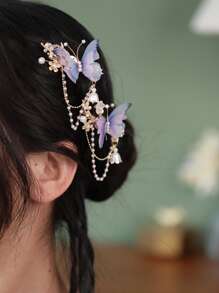 2件套女士手工蝴蝶串珠发夹，日常派对优雅发饰，爪夹发卡，发夹，学生用品，大学，发饰 - 藍色 - 查看 2