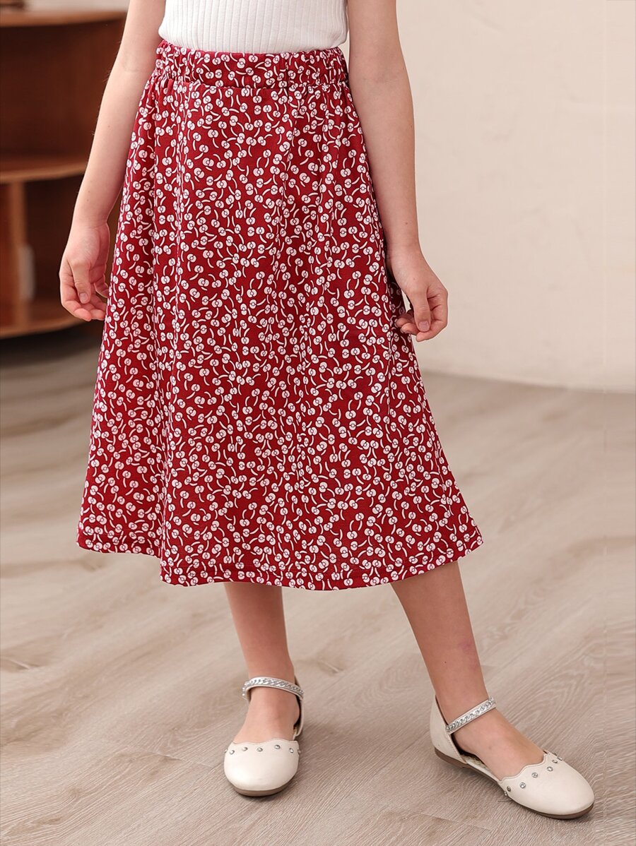 女大童碎花A字半身裙 - 酒紅色 - 查看 1