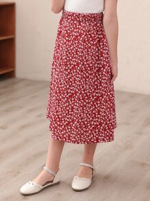 女大童碎花A字半身裙 - 酒紅色 - 查看 3