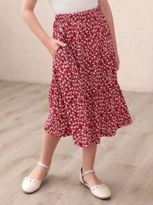 女大童碎花A字半身裙 - 酒紅色 - 查看 4