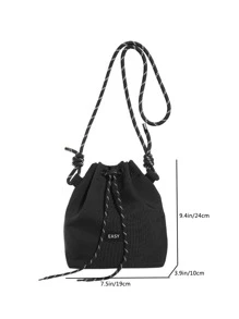 Bolso de cubo casual, deportivo y de moda para mujer, de tela de nailon, ligero, con cordón, bolso de hombro cruzado con cuerda gruesa, parche con letra mini, diseño con cordón, bolso de mensajero de lujo ligero con boca ancha, impermeable, para adolescentes, niños y hombres, estudiantes universitarios, perfecto para exteriores, vuelta al colegio, primaria, secundaria y bachillerato - Negro - Ver 4