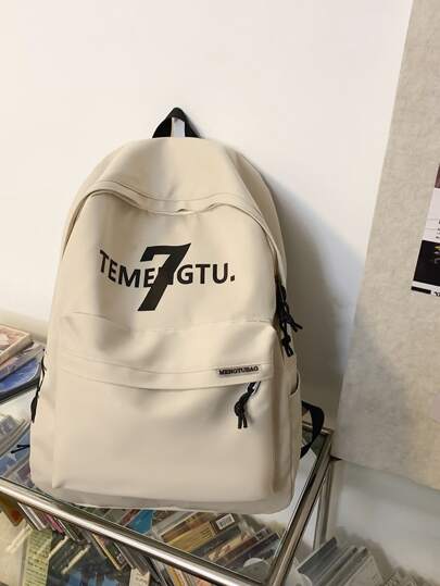 白色字母印花多口袋中性風格時尚背包輕便筆記本電腦背包、書包、書包、背包、書包、旅行背包、男士背包、運動包徒步旅行、旅行、學院、學校、返校、適合運動適合研究生, 適合大學生, 適合學生卡哇伊尼龍