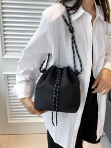 Bolso de cubo casual, deportivo y de moda para mujer, de tela de nailon, ligero, con cordón, bolso de hombro cruzado con cuerda gruesa, parche con letra mini, diseño con cordón, bolso de mensajero de lujo ligero con boca ancha, impermeable, para adolescentes, niños y hombres, estudiantes universitarios, perfecto para exteriores, vuelta al colegio, primaria, secundaria y bachillerato - Negro - Ver 5