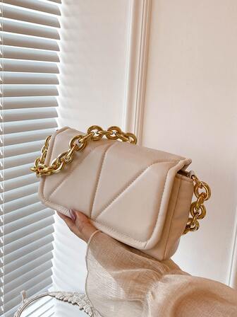 車縫線時尚PU皮革方包帶金屬鏈