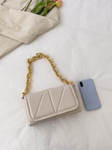 Stitching Fashionable Pu Square Bag With Metal Chain - White - View 3