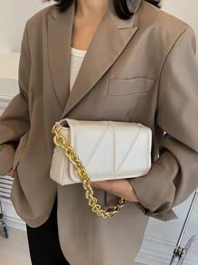 Stitching Fashionable Pu Square Bag With Metal Chain - White - View 4
