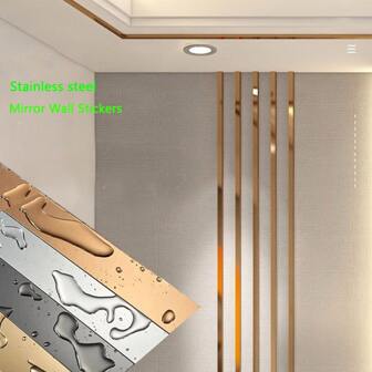 2.3m(7.5ft)/Roll Gold Color Wall Sticker Stainless Steel Flat Decorative Lines Titanium Wall Ceiling Edge Strip Mirror Living Room Decoration, Stickers, Wall Decal, Vinyl Decal For Home Decorations, Spring Decoration Items Refresh Your Home, Rama Decoration Stickers Gifts Birthday Graduation