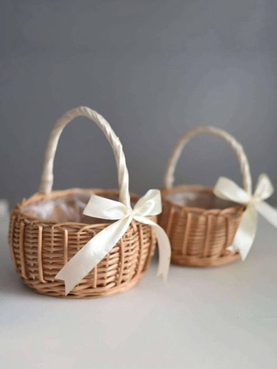 1pc Apricot Bamboo Wedding Flower Basket, Modern Bow Decor Flower Girl Basket For Wedding,Christmas