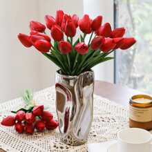 具有保濕質感的逼真鬱金香、室內裝潢用人造盆栽、家居裝飾用人造插花、派對、婚禮、塑膠製成 - 紅色 - 查看 1