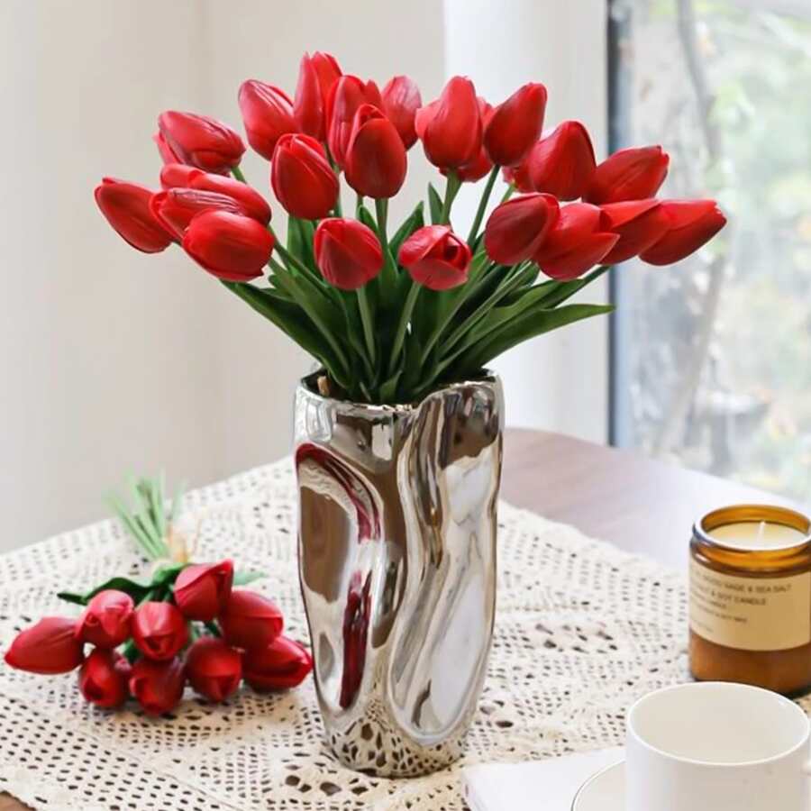 具有保濕質感的逼真鬱金香、室內裝潢用人造盆栽、家居裝飾用人造插花、派對、婚禮、塑膠製成 - 紅色 - 查看 1