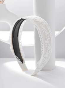 1pc French White Floral Lace Headband, Non-Slip Teeth Design, Gentle Girl Hairband For Washing Face & Commuting, Versatile - White - View 1