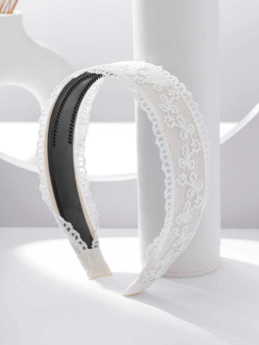 1pc French White Floral Lace Headband, Non-Slip Teeth Design, Gentle Girl Hairband For Washing Face & Commuting, Versatile - White - View 1