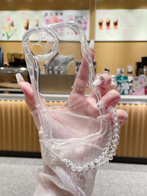 1 pieza Brazalete con decoración de perlas falsas y Estuche de teléfono anti-caída grueso de textura cremosa transparente compatible con Apple// Redmi/