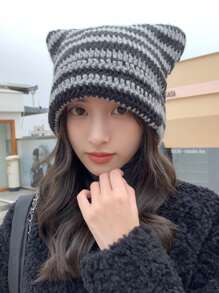 1 Miếng Hàn Quốc Phong cách Dễ thương Tai mèo Sọc Mũ đan Đối với phụ nữ , Mùa thu Và Mùa Đông , Tai Sự bảo vệ Và , Len Mũ Beanies - Nhiều màu - Xem 3